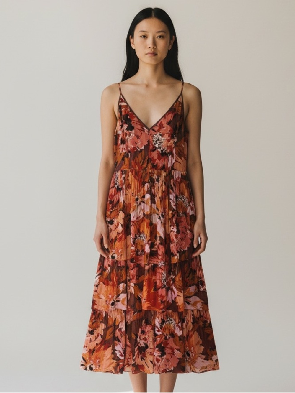 White House Black Market Floral Pleated Tiered Midi Dress Women’s 6P Petite